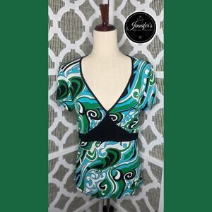 Susan Lawrence Multicolored Swirl Print V Neck Empire Waist Top Size PL